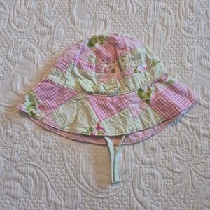 Janie and Jack girls size 12-24 months pink & green gingham & floral patch hat